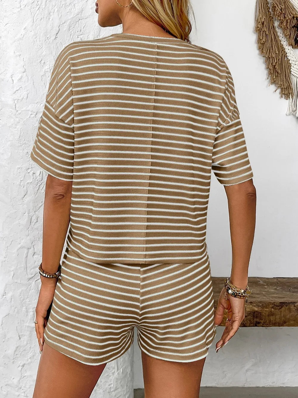 Naomy - Striped Round Neck Short Sleeve Top and Shorts Set