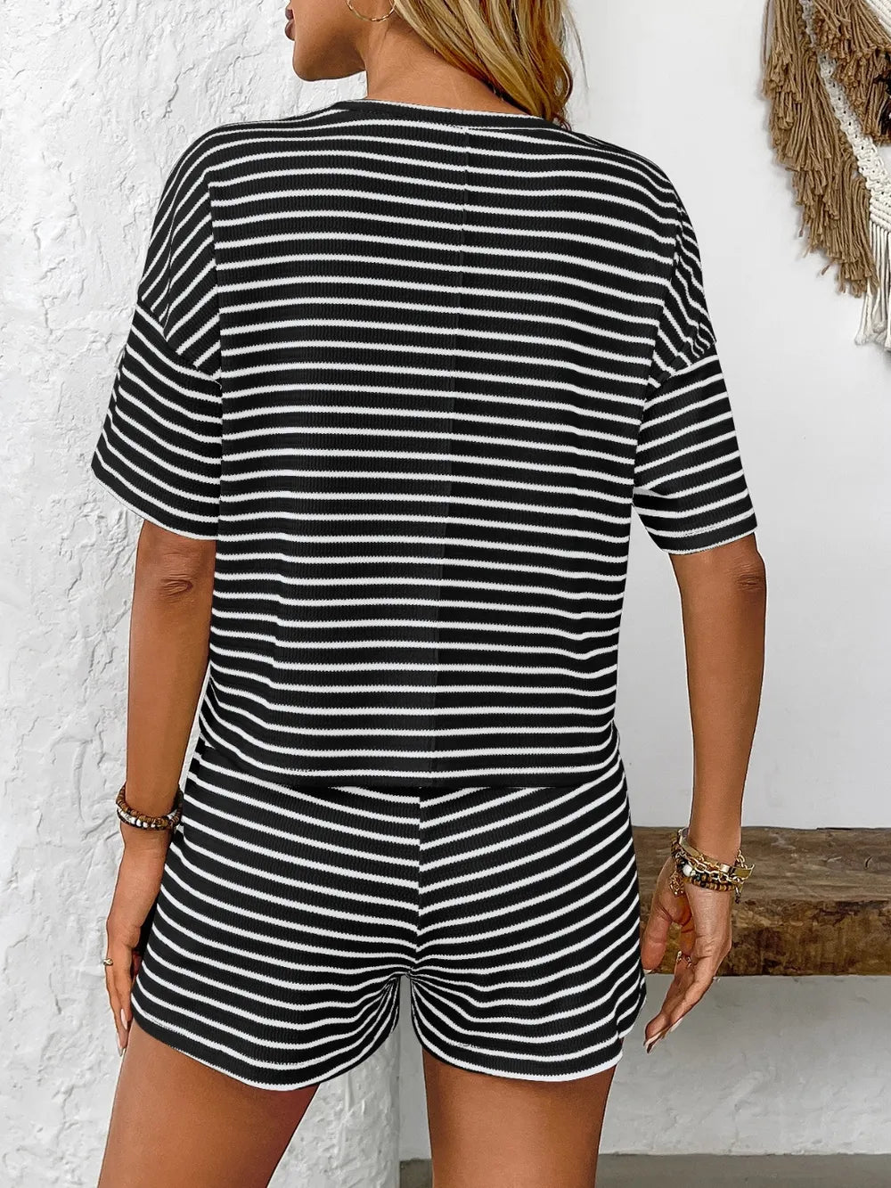 Naomy - Striped Round Neck Short Sleeve Top and Shorts Set