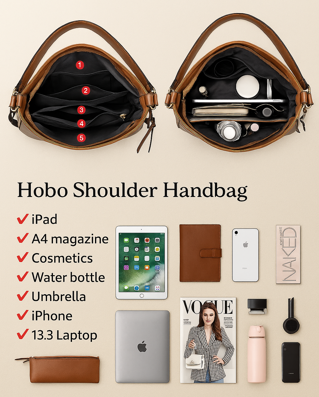 Luxury Olivia Leather 3-Piece Hobo Bag Set
