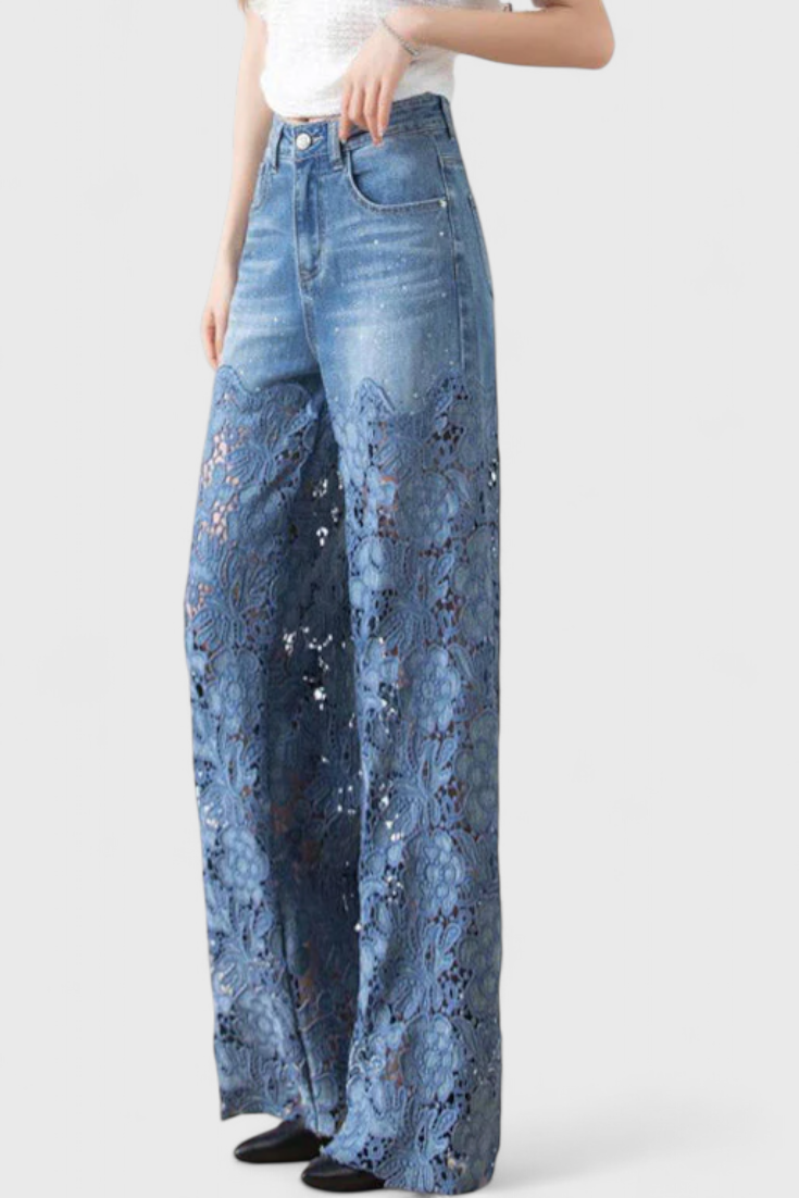 Jasiel | Openwork Lace Denim Palazzo Pants