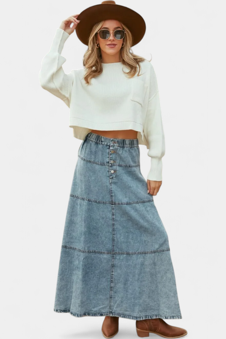 Lorraine | Long Denim Skirt with Feather Accents