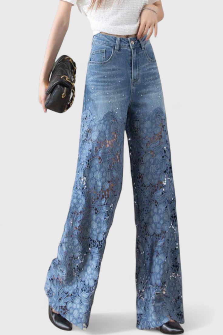 Jasiel | Openwork Lace Denim Palazzo Pants