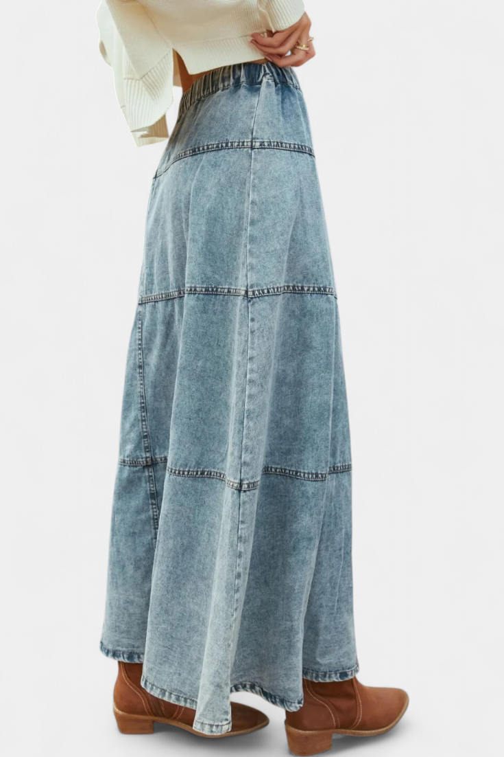 Lorraine | Long Denim Skirt with Feather Accents