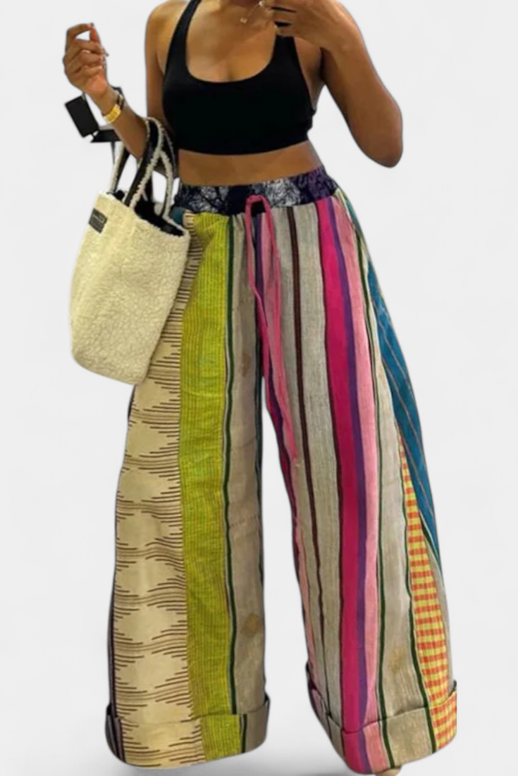 Claudine | Striped Wide-Leg Trousers with Contrast Drawstring