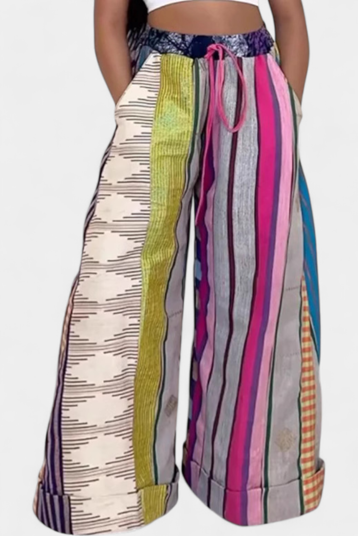Claudine | Striped Wide-Leg Trousers with Contrast Drawstring