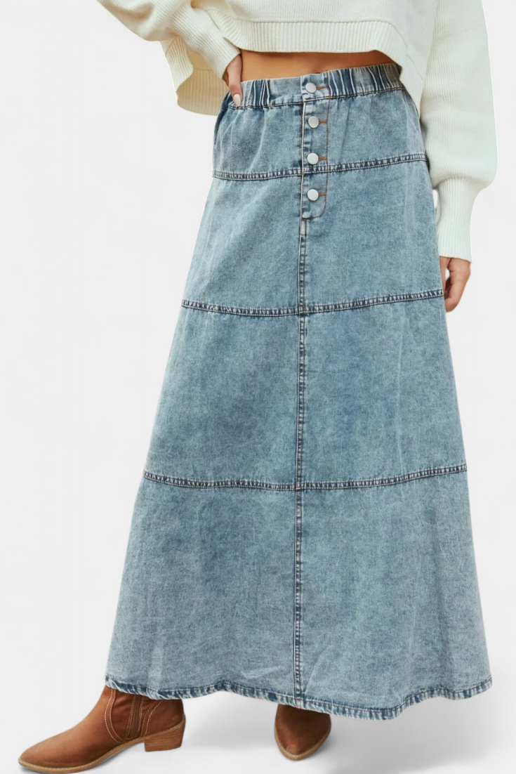 Lorraine | Long Denim Skirt with Feather Accents