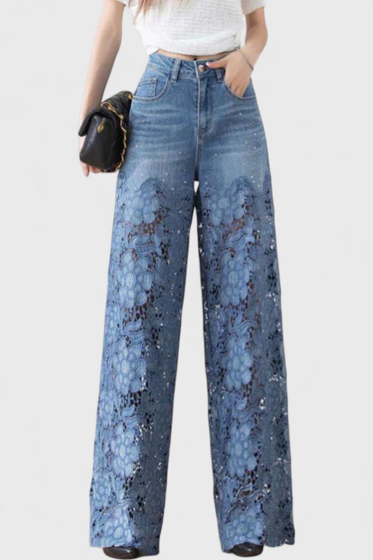 Jasiel | Openwork Lace Denim Palazzo Pants