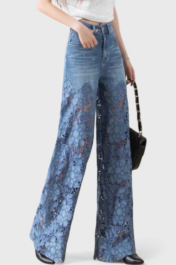 Jasiel | Openwork Lace Denim Palazzo Pants