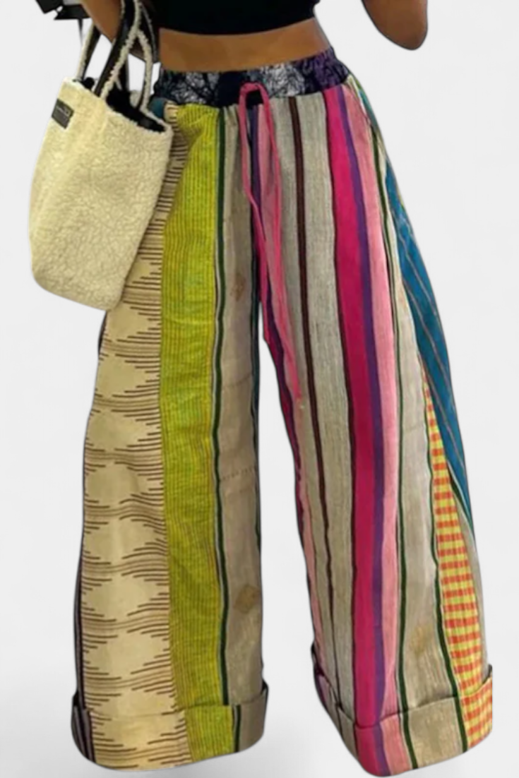 Claudine | Striped Wide-Leg Trousers with Contrast Drawstring