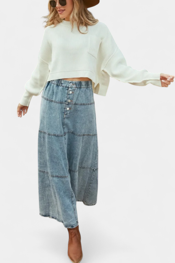 Lorraine | Long Denim Skirt with Feather Accents