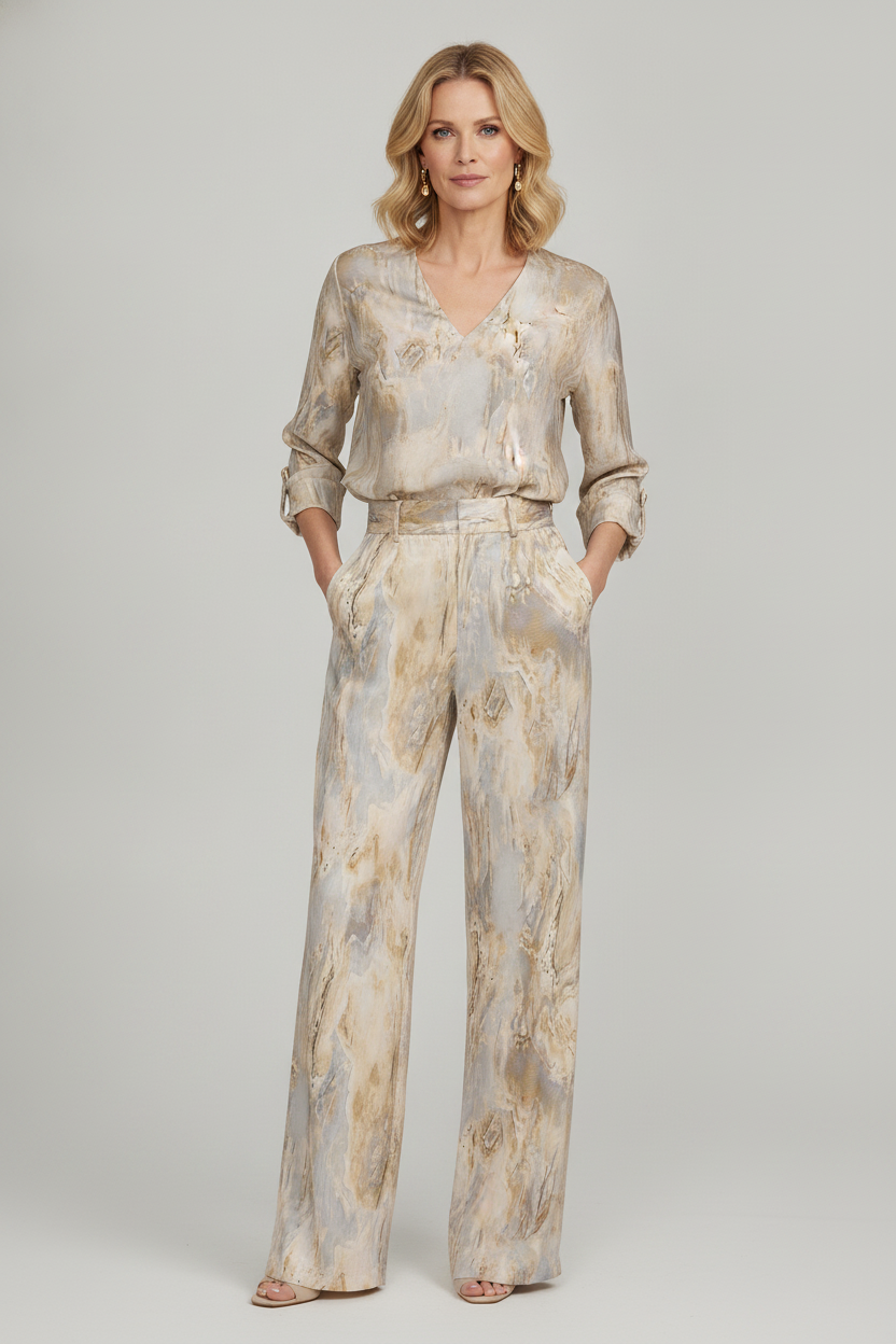 Chic | Marble-Print Straight Leg Trousers